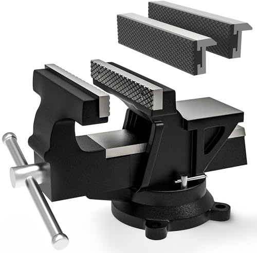 PinPro Profi Schraubstock 125mm aus Kugelgraphit-Gusseisen (Unzerbrechlich) | Inkl. 2 Gummi-Schutzbacken & Schrauben | 360° Drehbar mit Amboss | Robuster Werkstatt Parallelschraubstock