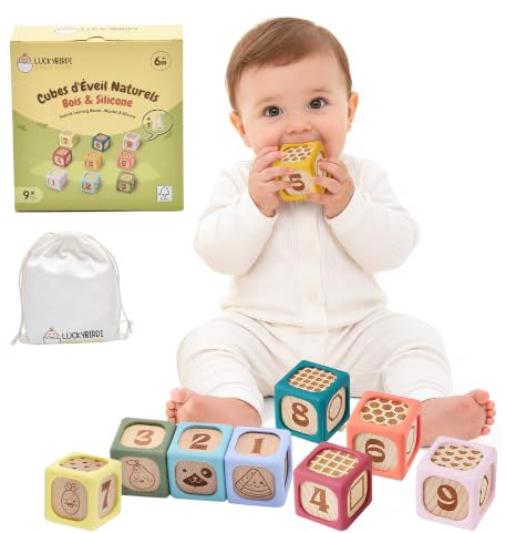 LUCKYBIRDI happiness hatching Cubes Empilables Bébé Montessori 6-24 Mois – Jouet Sensoriel Bois & Silicone sans BPA – Motricité Fine & Dentition – Cadeau Naissance – 9 Pièces