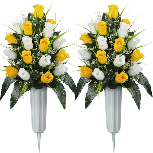 SIFOEL 2 pezzi cimitero commemorativo artificiale fiori rosa bouquet con vaso per lapidi cimitero decorazione (giallo e bianco)