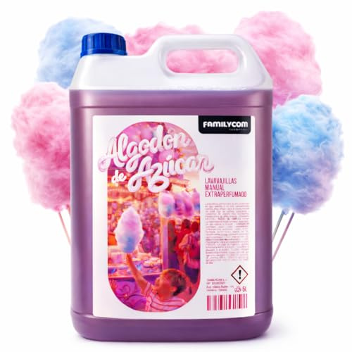 FAMILYCOM Lavavajillas Manual 5L - Lavavajillas Algodón de Azúcar para Hogar - Ultra Perfumado - Limpieza Profunda - Elimina Grasa y Residuos - Alta Concentración - Desengrasante Potente - Espumoso