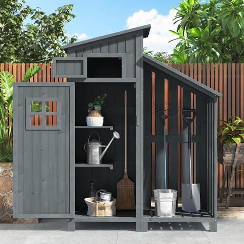 Armario de jardín de madera y cobertizo pequeño – Refugio de madera exterior resistente a la intemperie con 2 estantes – Cobertizo para bicicletas y cobertizo de jardín para jardines pequeños, patio