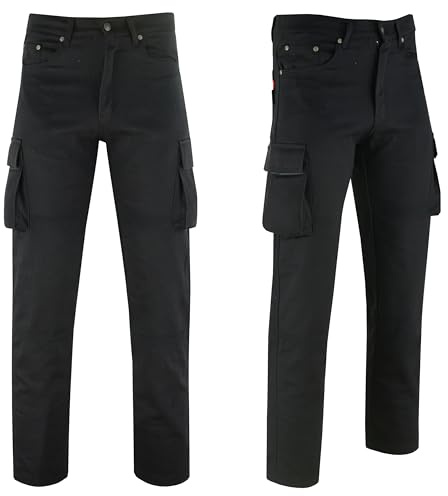 Texpeed Mens Motorcycle Motorbike Biker Trousers - Cargo Jeans Pants Made With 280gsm With Protective CE Armour (EN 1621-1) - Classic Fit Black Denim - 36W / 32L