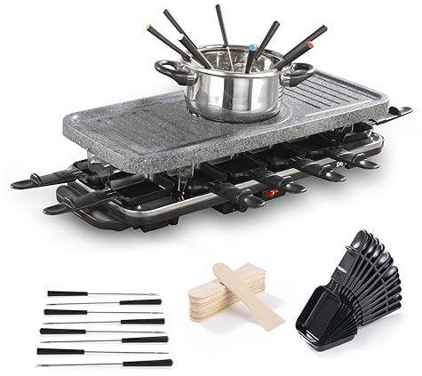 GOURMETmaxx raclette & fondue combi XXL para 12 personas | Raclette grill 4 en 1 con sartenes, juego de fondue y piedra caliente | Grill eléctrico de sobremesa con placa grill antiadherente