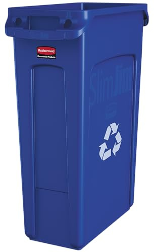 Rubbermaid Commercial Products Slim Jim Plastic Rectangular Recycling Bin/Trash Can with Venting Channels 23 Gal Blue for Kitchens/Classrooms/Offices/Back of House