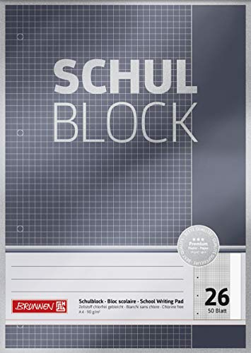 Brunnen 1052626 Schulblock / Notizblock Premium (A4, 50 Blatt, kariertt, mit Rand, Lineatur 26, gelocht, kopfverleimt, 90 g/m²)
