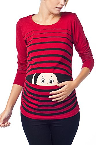 M.M.C. Bambino Che osserva Il Mondo - Simpatica graziosa T-Shirt Premaman Manica Lunga per la Gravidanza (Borgogna, Medium)