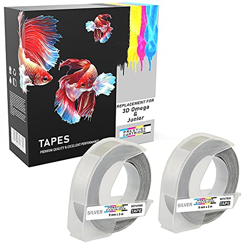 2er Pack weiß auf glänzend silber 9mm x 3m Prägeetiketten (selbstklebend, kunststoff) kompatibel für Dymo Omega und Junior Etikettenprägegerät