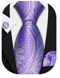 Barry.Wang Pañuelo de bolsillo de corbata de seda morado para hombre Corbata de Paisley con gemelos