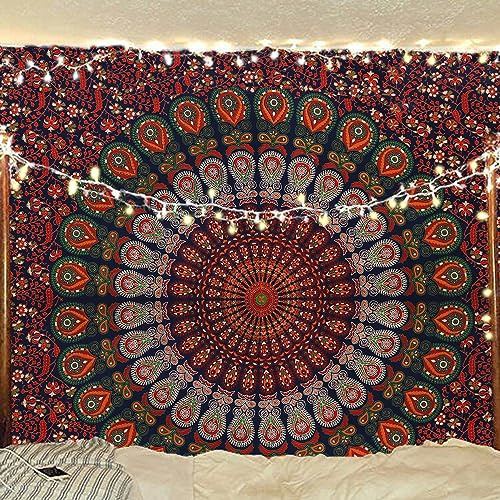 Bless International Indian hippie Bohemian Psychedelic Peacock Mandala Wall hanging Bedding Tapestry (Golden Red Green, 182.88L X 137.16W cm)