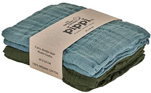 Pippi Unisex baby 4-pack tygblöjor, dregellappar, gosiga handdukar eller blöjhanddukar, lämpligt set med badkläder, Bly-, One size