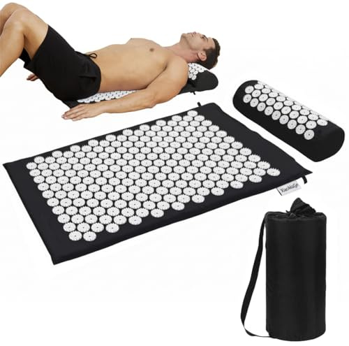 XiaoMaGe Acupressure Mat and Pillow Set with Bag - Large Size 28.7 X 16.5 inch Acupuncture Mat for Neck & Back Pain, Muscle Relaxation Stress Relief, Sciatica Pain Relief Pillow (Black)