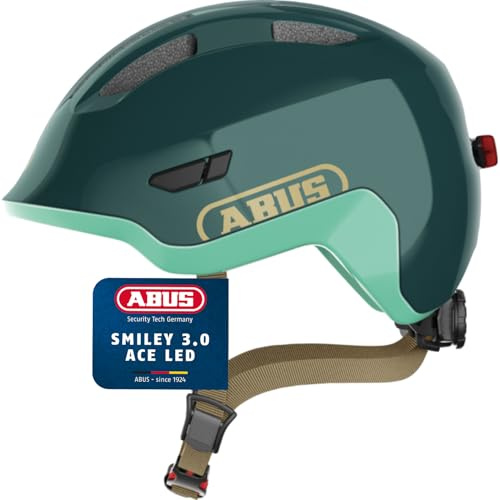 ABUS Kinderhelm Smiley 3.0 ACE LED - Fahrradhelm mit Licht - Tiefe Passform & Platz für einen Zopf - für Mädchen und Jungs - Grün Glänzend, Größe S