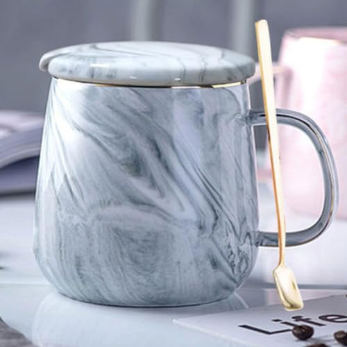 Xfeyaqlo Tazas Mármol, Tazas Café con Leche, Taza con Cuchara y Tapa Tazas desayuno Personalidad Simple Adecuado para Regalos, Amante, Familia, Amigo, Cerámica, 400ml (Gris)