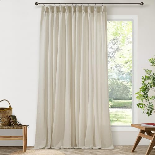 Cortinas plisadas extra anchas de lino beige grisáceo de 84 pulgadas de largo para sala de estar, puerta corrediza de cristal, cortina plisada bohemia avena con ganchos, cortina grande para ventana