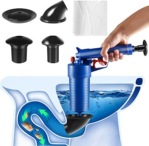 High Pressure Drain Unblocker Plunger with 4 Attachments, Heavy Duty Blockage Remover for Toilet, Sink, Bath, and Kitchen