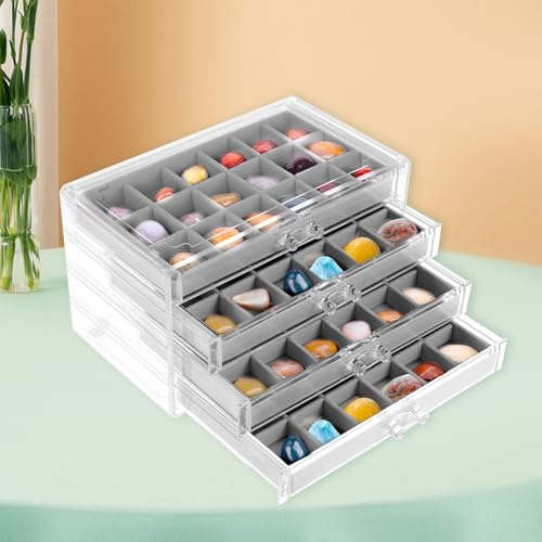 Alongen - Vitrine Rock Collection Rectangulaire à 4 tiroirs - 72 grilles - Cristaux transparents - Durable - Pour enfants - Gris - 24 x 3.5 x 56.8 cm