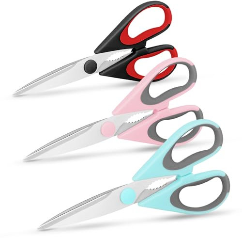 Vutyvve Lot de 3 ciseaux de cuisine amovibles, lames en acier inoxydable, poignée souple, multi-usages, très résistants, noir, bleu ciel, rose