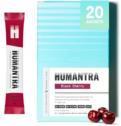 Humantra Electrolytes Powder - Black Cherry Flavor, 20ct - Powdered Hydration Sachets - Plant-Based Electrolyte Powder with 6 Electrolytes - Vegan, Sugar Free, Gluten Free