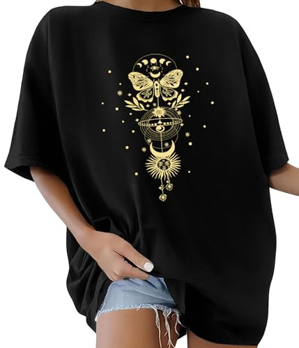 Lonya T-Shirt Oversize pour Femme à col Rond Manche Courte Tee Shirt Grande Taille Créatives Vintage Rétro D'été Décontracté Coton Loose Haut Imprimé Papillon d'or Streetwear, G-Noir, M
