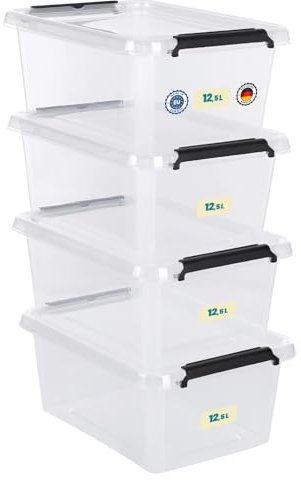 astor24 [Test SEHR GUT, NOTE 1.1] Aufbewahrungsboxen 4x 12.5 L, Aufbewahrungsbox mit Deckel, Aufbewahrung und Organisation, Organizer für Küche Büro Haushalt Schrank Schubladen [MADE IN EUROPE]