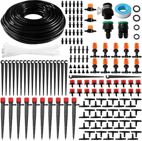 VooGenzek 202 Pezzi 4/6 mm Kit Irrigazione a Goccia, 25m Tubo Irrigazione, Kit fai da te Sistemi di Irrigazione, con Giunti a Barbe Dritte, Connettori a T, Tappi Terminali, per Aiuola