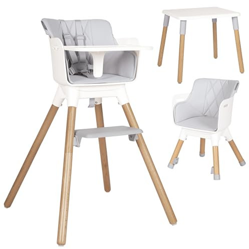 Olmitos – Trona bebé Convertible 2 en 1 Mesa con Silla para Niños KOMBO - Seguridad, Madera de Haya, Arnés de 5 Puntos, Plegable y Ajustable – 6+ meses hasta 15kg (Gris)