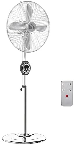 HOMCOM 16 Metal Pedestal Fan, Electric Standing Floor Fan, Oscillating, Adjustable Height, 3 Speed, 7.5H Timer, Remote Control, Sleep Mode, for Home Office Bedroom, Silver Tone