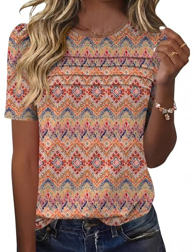 Rapbin Camiseta Mujer Verano Manga Corta Blusa Elegante Cuello Redondo Con Plisados Parte Superior Holgada Mujeres Mangas Abullonadas Flores Tops Casual Túnica Básica Camisas 2025, Boho Red, XXL