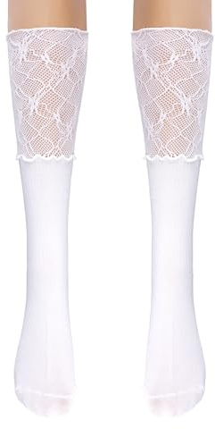 Mikovivi Calzini Lunghi Fino Ginocchio Donna con Patchwork Pizzo, Graziosi Calzini Stivale Y2k Lunghi Stile Kawaii Lolita Calze Lunghe Fino Ginocchio con Pannello Pizzo (Bianchi)