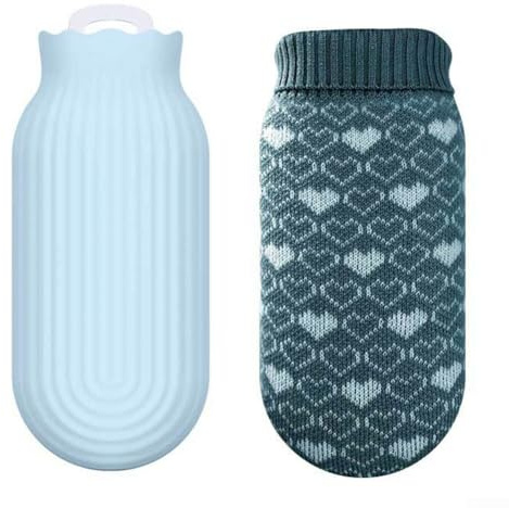 Bolsas de agua caliente, silicona con funda, calentador de manos apto para microondas, funda de punto apta para nevera, bolsa de calor a prueba de explosiones (azul)