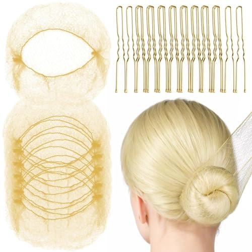 Retine per Capelli Invisibili per Chignon, 20 Retine Invisibili per Capelli con 40 Forcine Per Capelli, Capelli Elasticizzati, per Balletto, Danza, Infermiera, Donna (Oro)