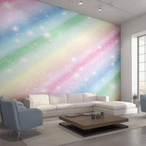 Rainbow Stripes Wallpaper for Living Room, Girls Kids Glitter Stars Wall Mural, Non-Woven Photo Wallpaper for Bedroom, Home Decor Wall Paper 150 x 105 cm (W x H) Y&W47