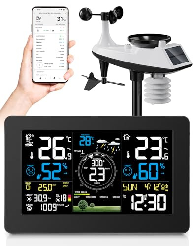 Regevo Estación Meteorológica Inalámbrica con Sensor Exterior, WIFI Estación Meteorológica con Sensor Profesional 11 en 1 para Viento, humedad, temperatura, Pronóstico del Tiempo, nivel UV, Negro