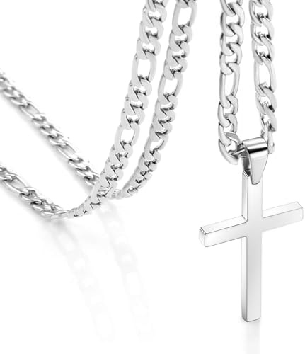CaptainSteeL Cross Necklace for Men - Stainless Steel Silver/Gold Plain Cross Pendant Necklace Simple Jewelry Gifts, 20/22/24/26 Inches 3:1 Figaro Link Chain 4/5/6mm Width