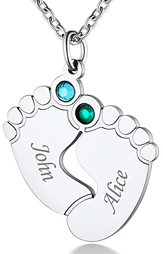 Custom4U Collar Personalizado Mama Pies Bebe con Piedras de Cumpleaños Cadena Mujer Acero Inoxidable 316L Colgante Plano Huella Pies con Nombres Grabados Joyería Preciosa Día Madre