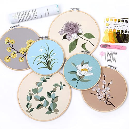 Myfelicity 6 uppsättningar med broderisatser, blommor och gräsmönster, enkla och enkla att brodera, lämpliga för nybörjare