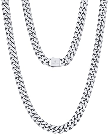 KRKC&CO 8mm Panzerkette, Weißgold plattiert Cuban Link Chain, Edelstahl Panzerkette Herren Silber Kubanische Gliederkette, Herren Silberketten Hip Hop Kette für Männer Jungen Größe 61cm