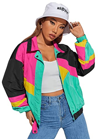 SweatyRocks Women's Windbreaker Casual Lightweight Color Block Retro Bomber Jacket Teal Pink Black Small