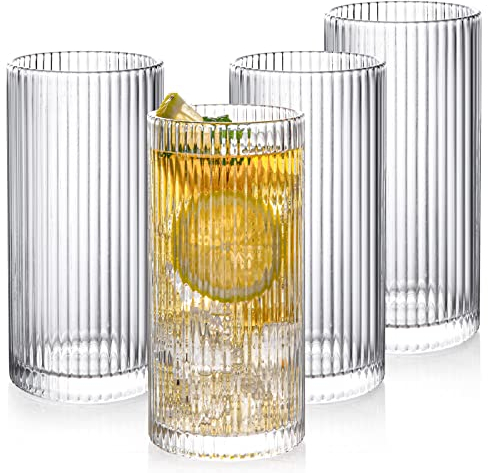 POLIDREAM Drinking Glasses with Origami Style Set of 4 Glass Cups, 12 oz Ribbed Glassware, Highball Glass Cups, Elegant Art Deco Ripple Vintage Glassware, Juice Glasses, Ideal for Cocktail, Beer