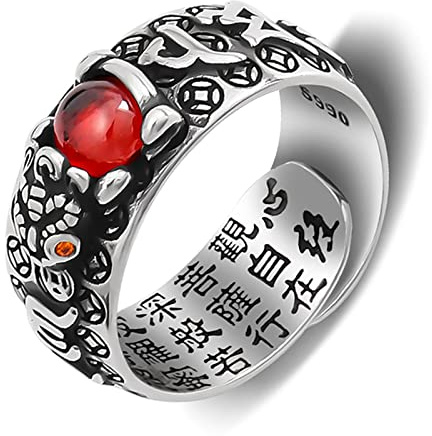 Kucheed Bague Feng Shui PiXiu Mantra, Bagues de Bonne Chance Bouddhistes en Argent,Bijoux Amulet Mantra,Protection Richesse Amour Santé Bande,Bagues Réglables Ouvertes Cadeau pour Hommes Femmes (E)