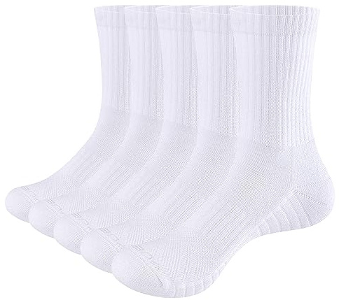 YUEDGE Womens Socks White Gym Golf Tennis Training Walking Athletic Sports Socks Moisture Wicking Cushioned Crew Socks Casual Breathable Cotton Socks for Women Ladies Girls 3-5, 5 Pairs