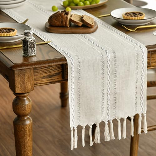 Artoid Mode Boho Cream Tassel Table Runner, Farmhouse Style Kitchen Table Decoration Holiday Wedding Party Dinning Birthday Decor 33x243 cm