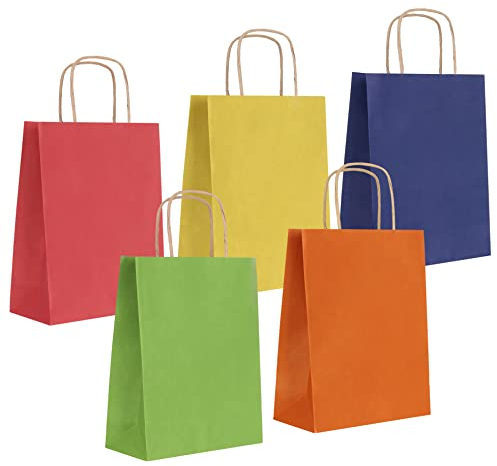 PAKNOR® 25stk Bunte Papiertüten mit Griff – 18 x 22 x 8 cm, Papier-Einkaufstüte mit Kordelzuggriff, Geschenktüten, Kraftpapiertüte, DIY-Adventskalender (Buntes - 25 Stück)