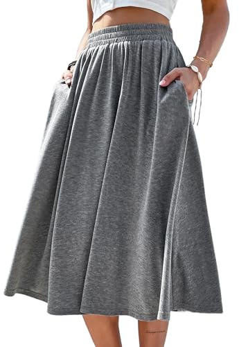 SOFIA'S CHOICE Women's High Elastic Waist Midi Skirt with Pocket A Line Swing Skirts Grey Large
