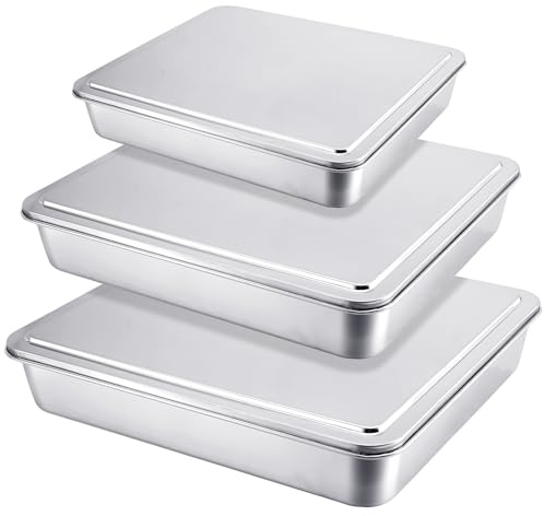 Tioncy Molde rectangular de acero inoxidable con tapa de 13/11/9 pulgadas con cubiertas, utensilios para hornear con tapas para pasteles, panes, cazuelas, pescado, verduras y más