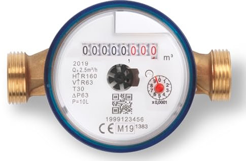 Contador de agua fría DN15 (1/2) – Cuerpo de latón – sin conexiones largo 110 mm – Fabricado en Italia – Certificado MID y DM174/2004 para agua potable
