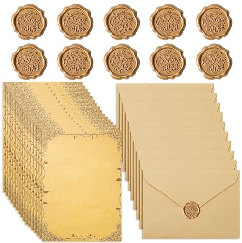 Set Di Vintage Carta da Lettere con Busta 16 carta da Lettere,10 Buste di Carta Vintage e 10 Adesivo Sigilli di Cera,per Scrivere e Disegni huisexinzhi(Grigio)