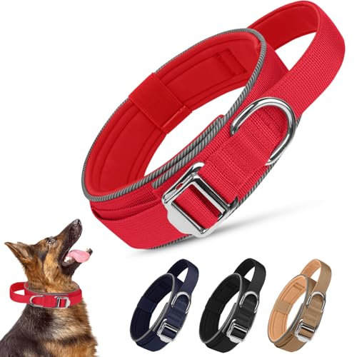 Ledeak Taktisches Hundehalsband, Weich Depolstert Atmungsaktives Hunde Halsband, Verstellbare Nylon Reflektierend Hundehalsband Mit tragbarer Metallschnalle für Mittel Große Hunde (Rot, L)