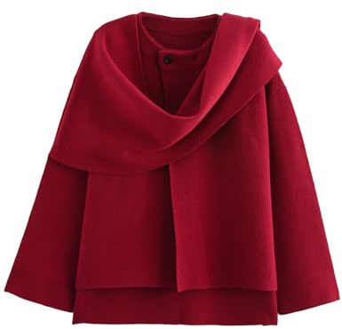 Wyeysyt Women's Crop Knit Scarf Coat High Low Long Sleeves Knit Cardigan with Undetachable Scarf, Red, M