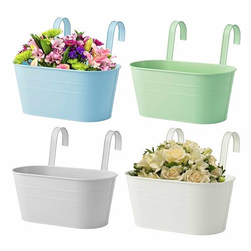 ADEPTNA Set of 4 Large Hanging Flower Pots 28.5cm Metal Iron Wall Planters with Detachable Hooks, Galvanized Indoor/Outdoor Buckets for Balcony, Fence, Railing, Garden & Home Decoration 4 Colors